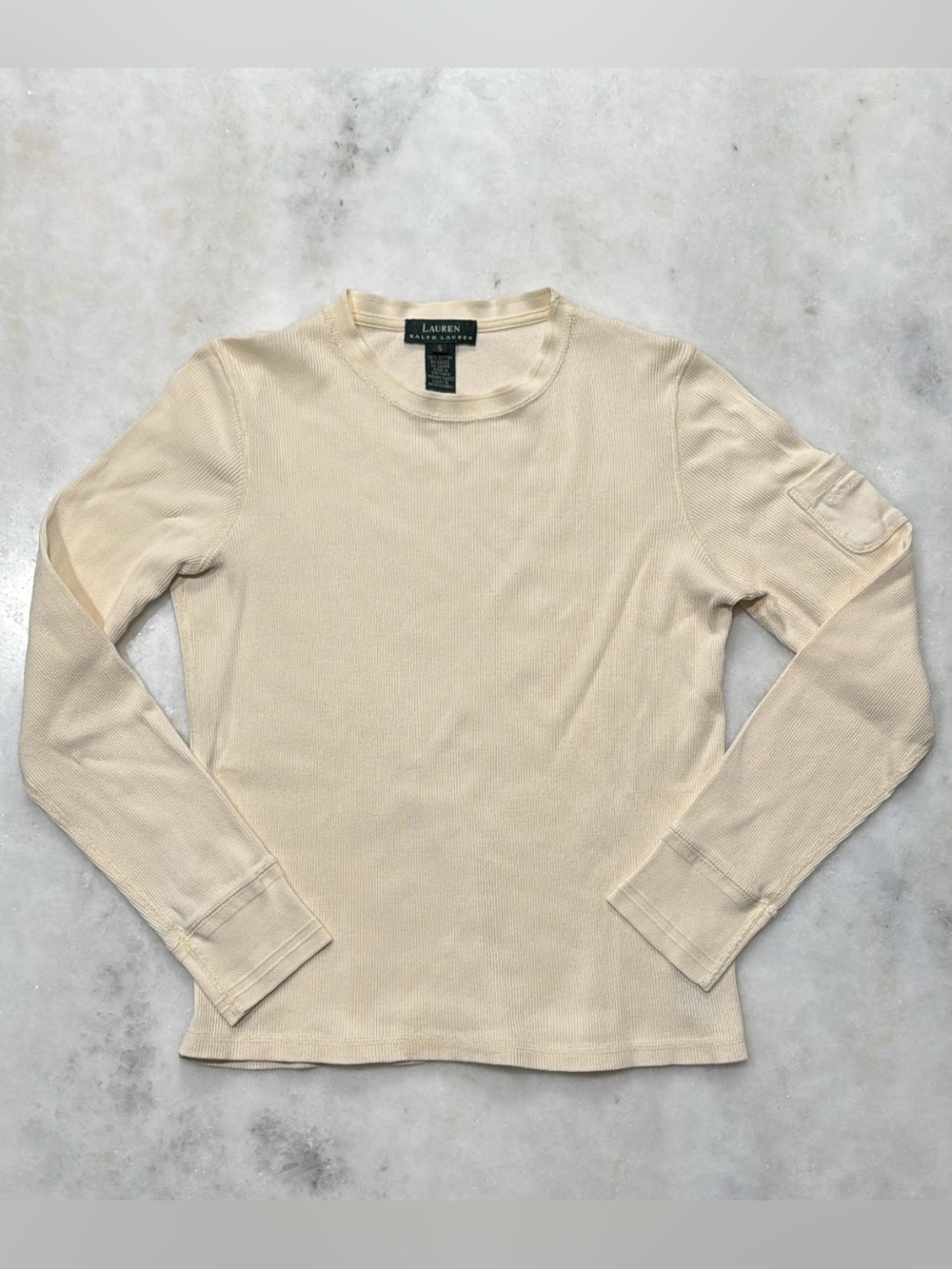 Ralph Lauren Cream Ribbed Crew Neck Sweater with Utility Pocket